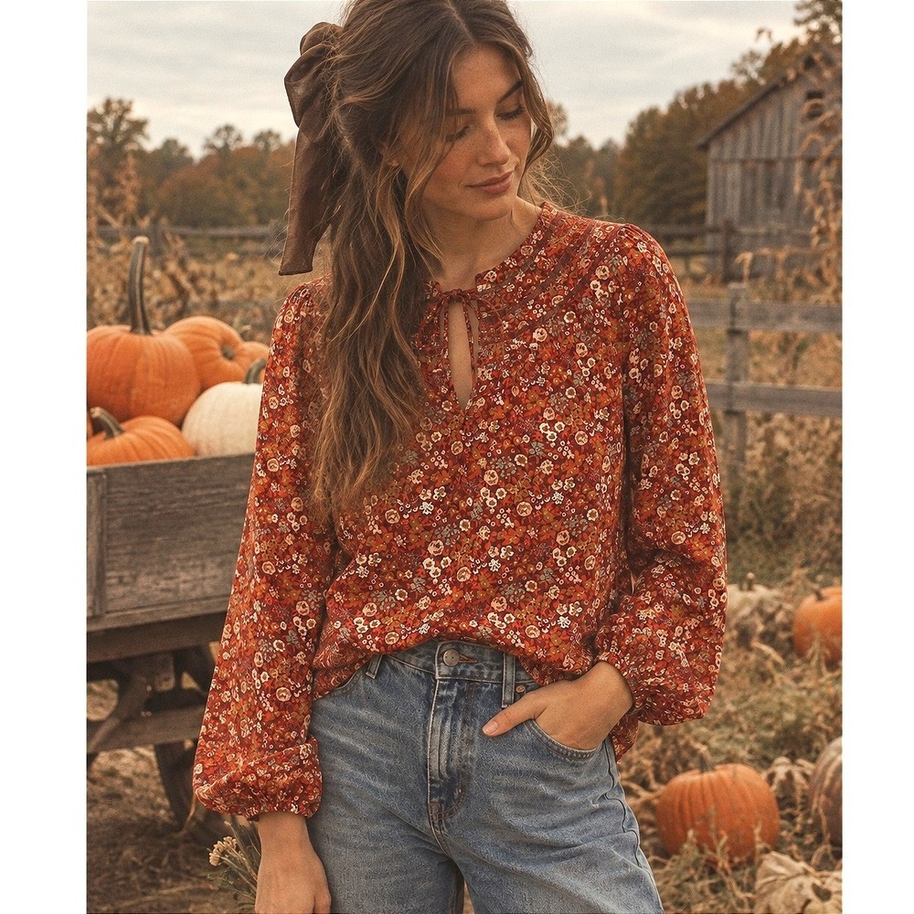 Floral Peasant Blouse Womens M Red Prairie Boho Cottagecore Western Fall